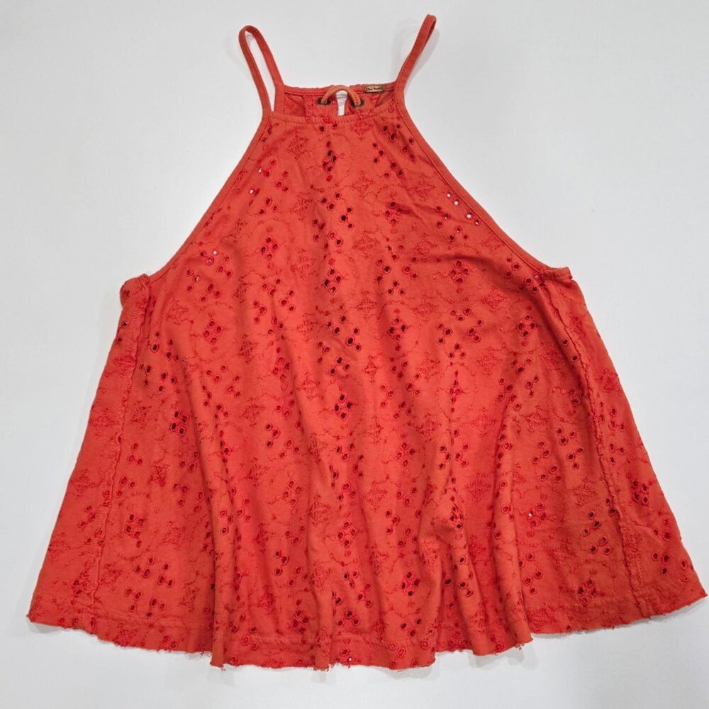 Free People ✦ Orange Eyelet Lace-Up Halter Crop Tank ✦ Cotton Summer Top XS - Picture 4 of 10